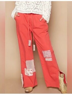 POL Coral Wide Leg Pants with Crochet Patch Details NWOT